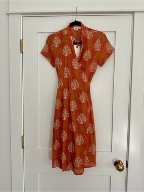 NWT Fragonard Women's Orange Printed Midi Wrap Dress